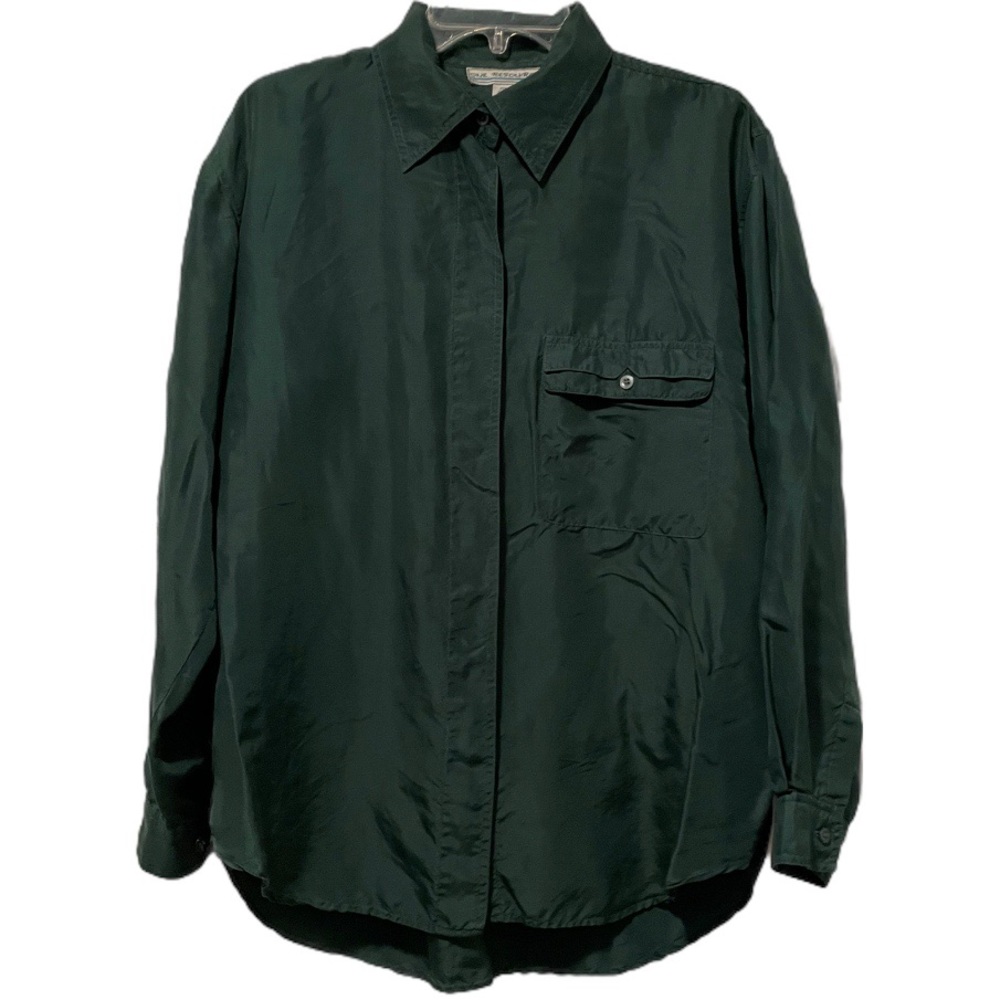Vintage 90s Hunter Green Silk Blouse Shirt Button Front One Resource size S